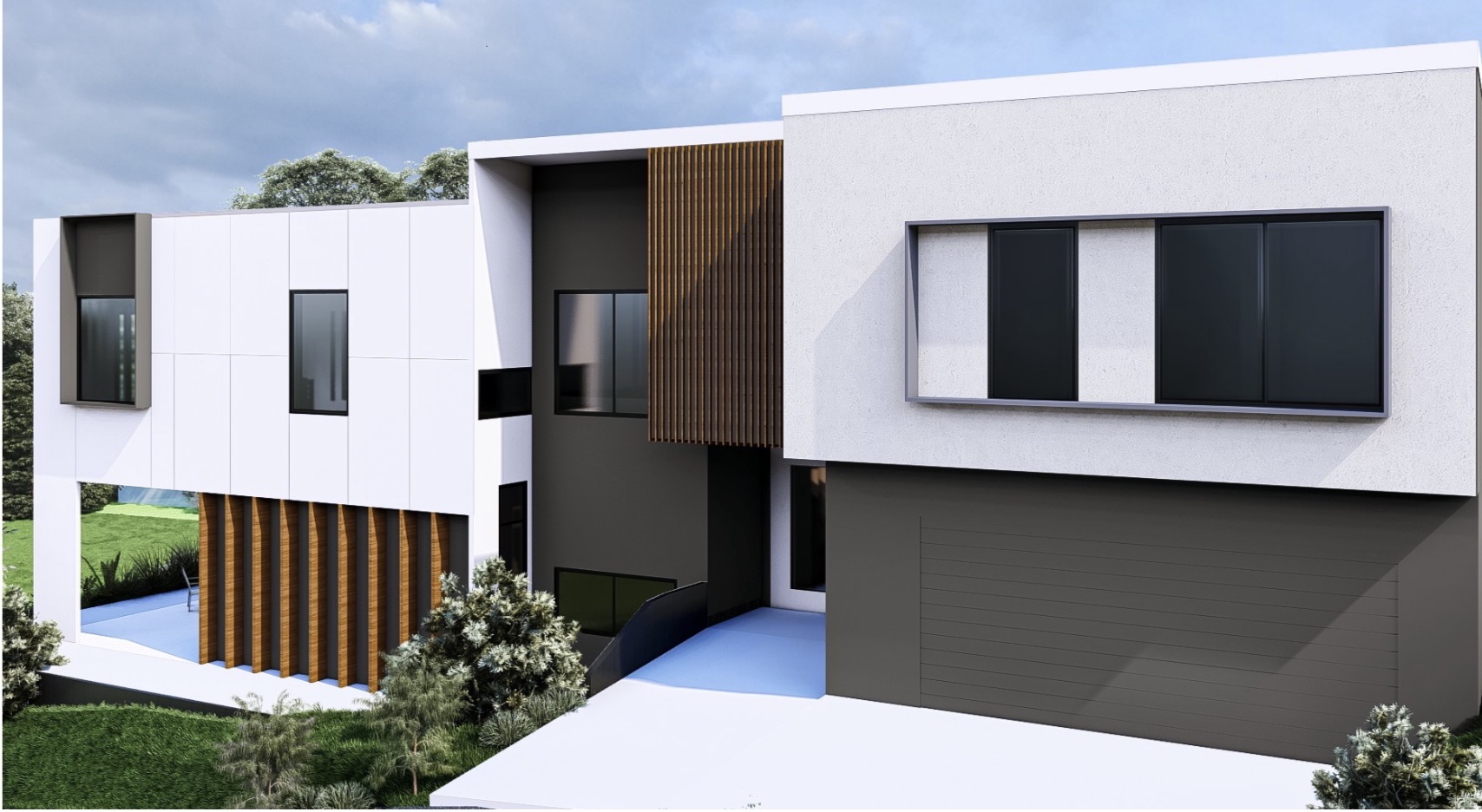 Modern two-storey residential home with rendered facade and timber battens